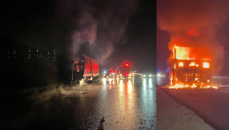 Kuzey Marmara Otoyolu’nda Fosforik Asit Yüklü Tır Yandı