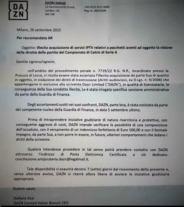 İtalyan Mali Polisi ve DAZN'den Korsan IPTV’ye Karşı İlk Uyarı Dalgası