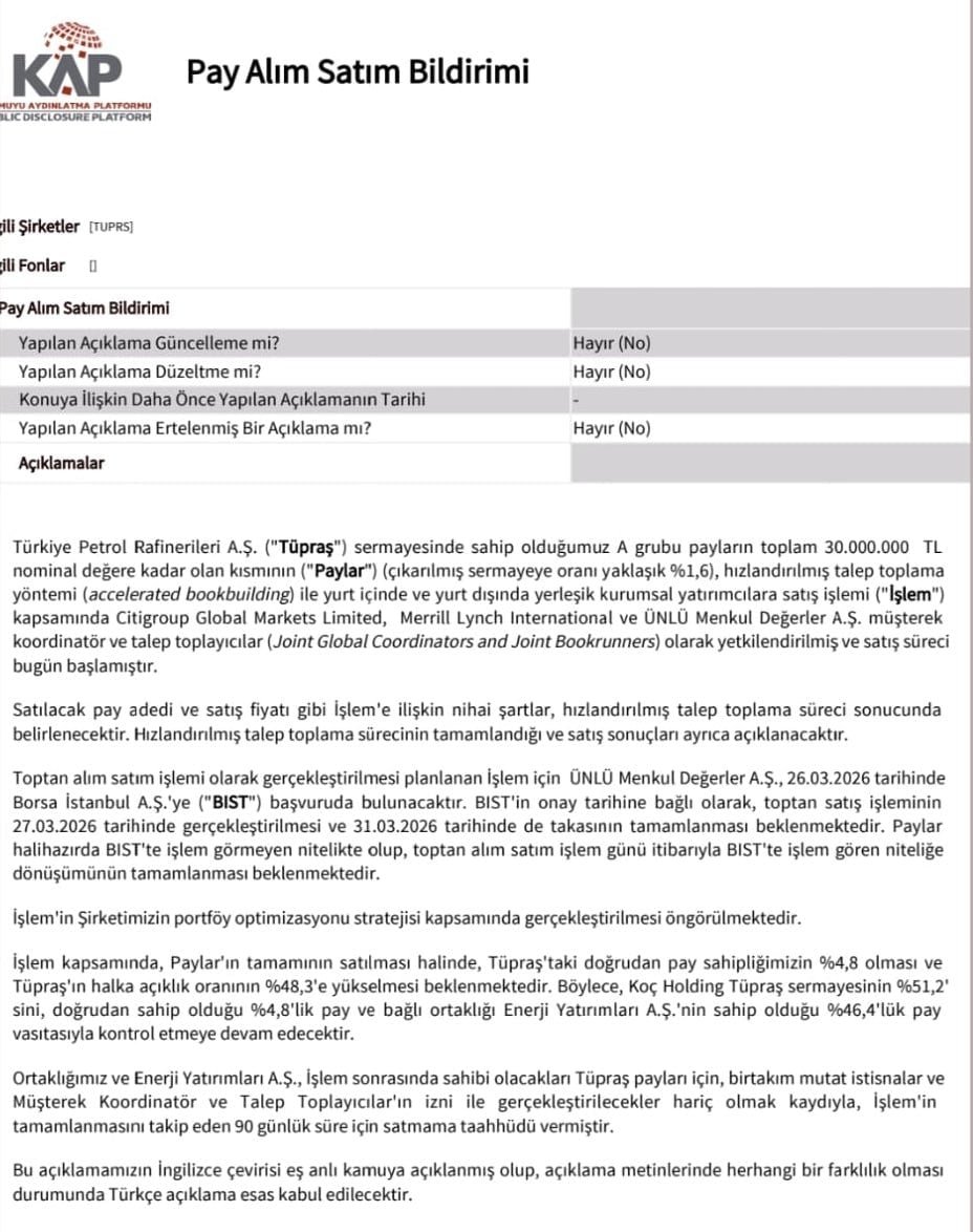 Koç Holding’e Ait Tüpraş’ta A Grubu Paylarda Hızlandırılmış Talep Toplama ile Satış