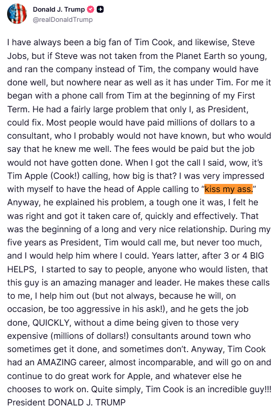 Trump’ın Apple Paylaştığı Mesajın Detayları ve Tim Cook’a İddialı Övgüleri